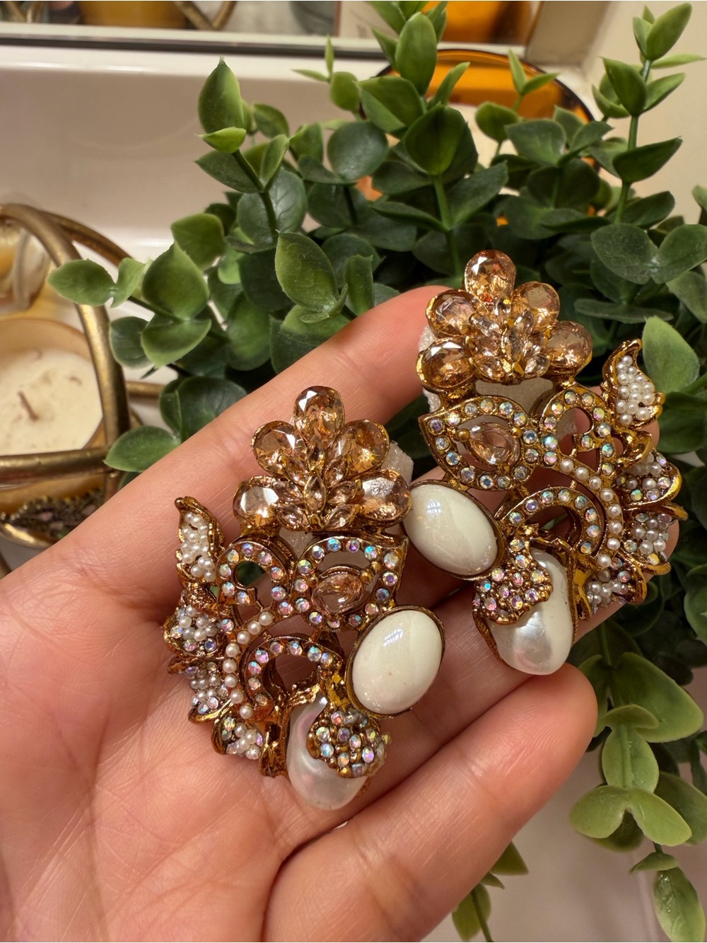 Turkish Gold-Tone Crystal & Pearl Drop Earrings in Champagne